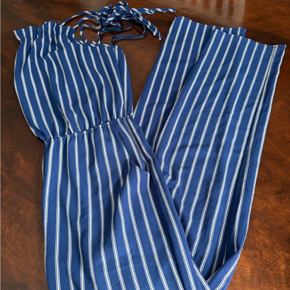 Green Envelope Navy and White Striped Jumpsuit